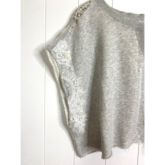 Free People Cropped Gray Sweatshirt with Bead and Lace Applica Size Large - Picture 2 of 7